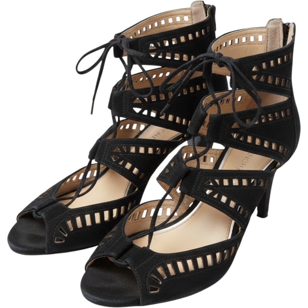 Antonio Melani Black Suede Laser Cut Cage Heels Lace Up Stiletto Sandals 6M